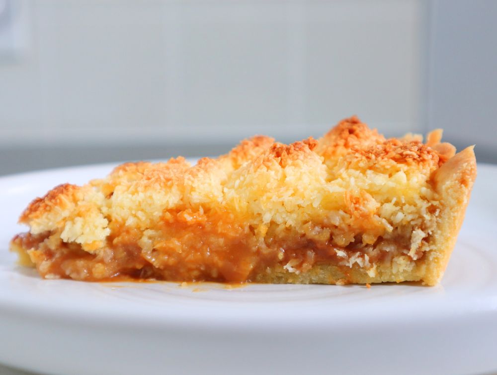 Argentinian tart with dulce de leche filling and golden coconut topping view from the side served on white plate.