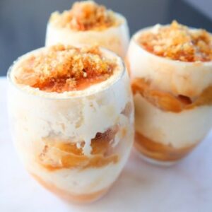 Caramelized bread dessert cups with butterscotch cream and crunchy nut topping